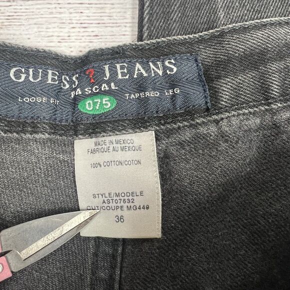 Vintage Guess Jeans Men Pascal Faded Baggy Black Loose Fit Tapered Leg Sz 36x33 - Picture 10 of 13